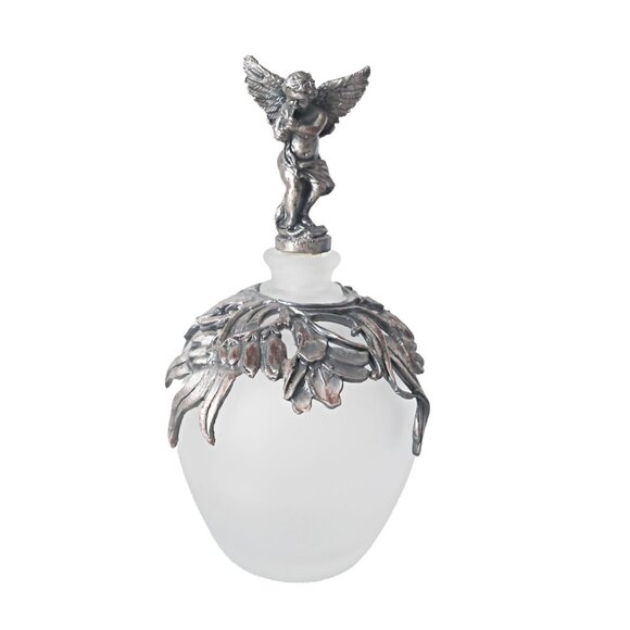 2 Vintage Glass & Pewter Perfume Bottles Winged Cherub Topper Glass - Picture 4 of 10